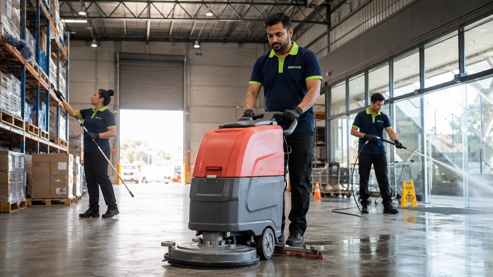 A Binishine cleaner running a floor scrubber through a warehouse while colleagues dust racking and pressure-wash the entry