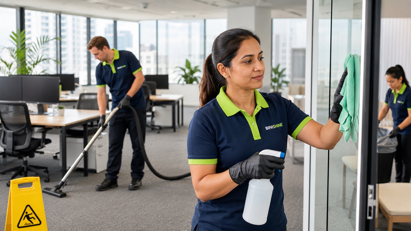 Binishine cleaners wiping glass partitions and vacuuming an open-plan office after hours