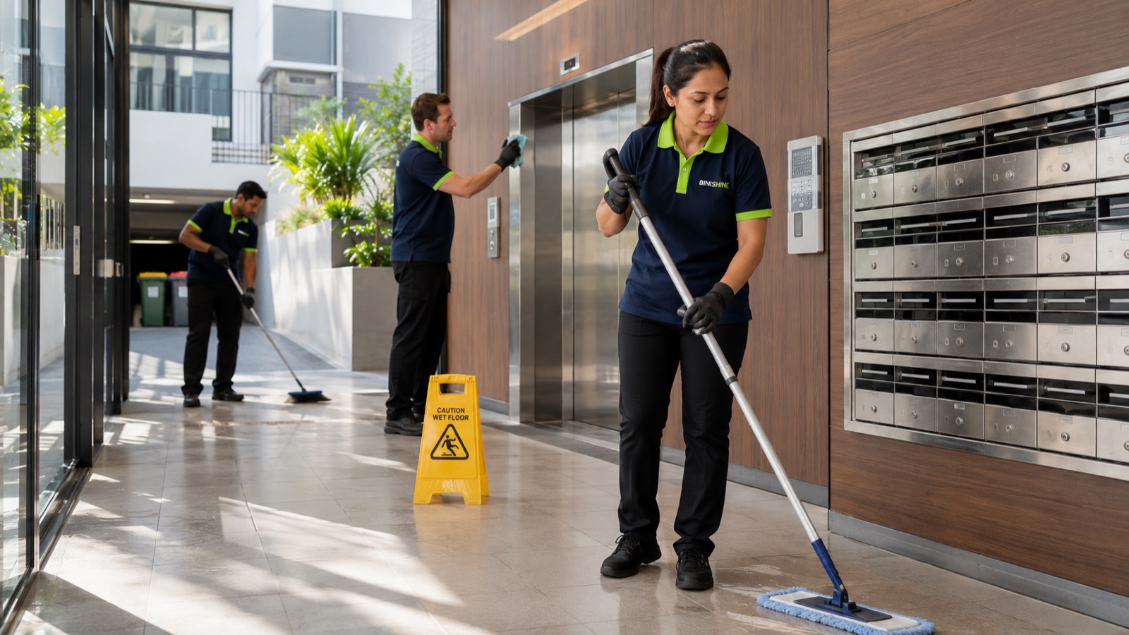 Binishine cleaners mopping an apartment lift lobby and polishing the lift doors beside the letterboxes